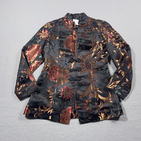 Soft Surroundings Jacket Women M Black‎ Floral Embroidered Satin Mandarin Collar - Picture 1 of 10